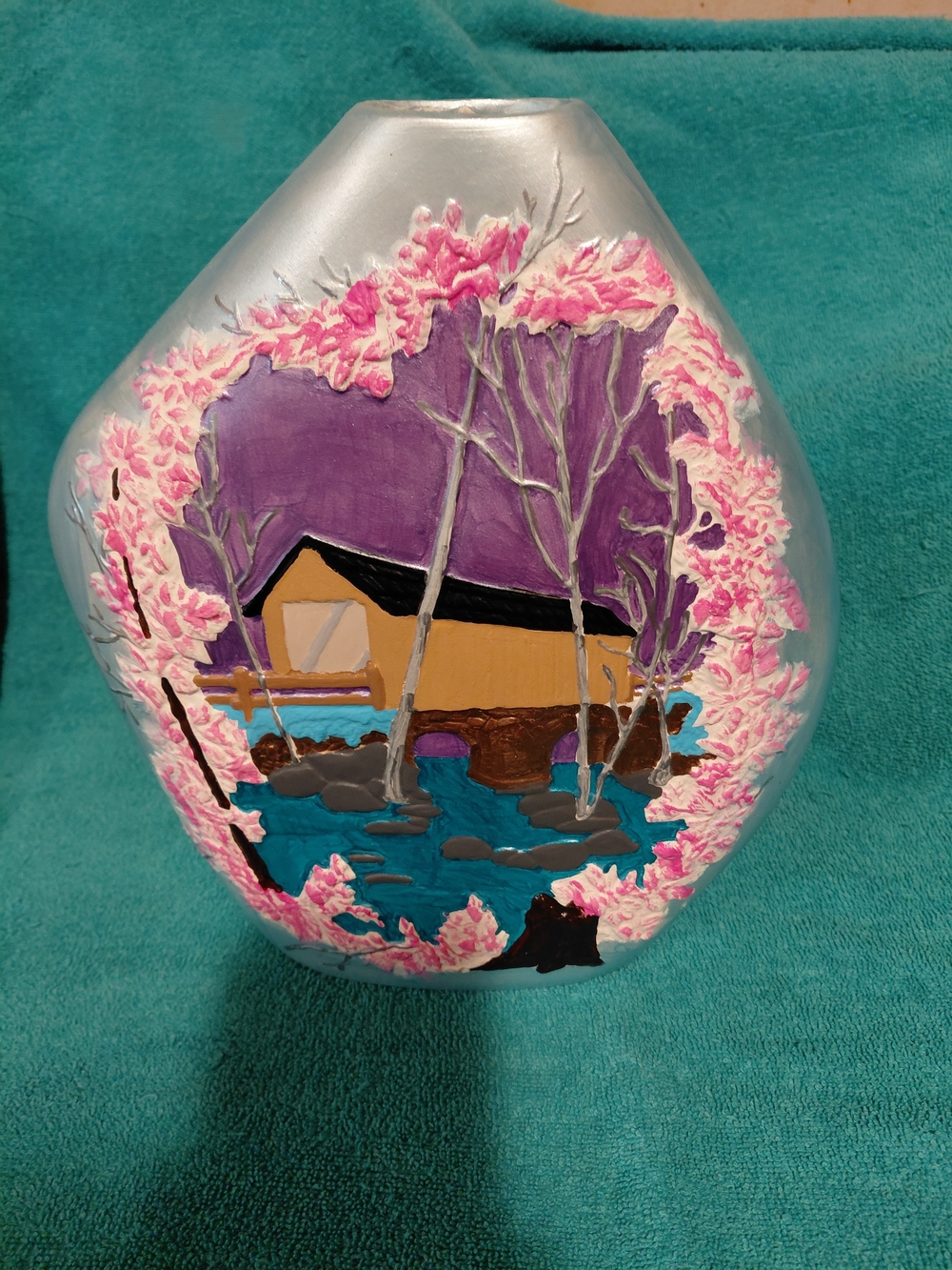 Hand-Painted Ceramic Vase with Pink Blossom Scene